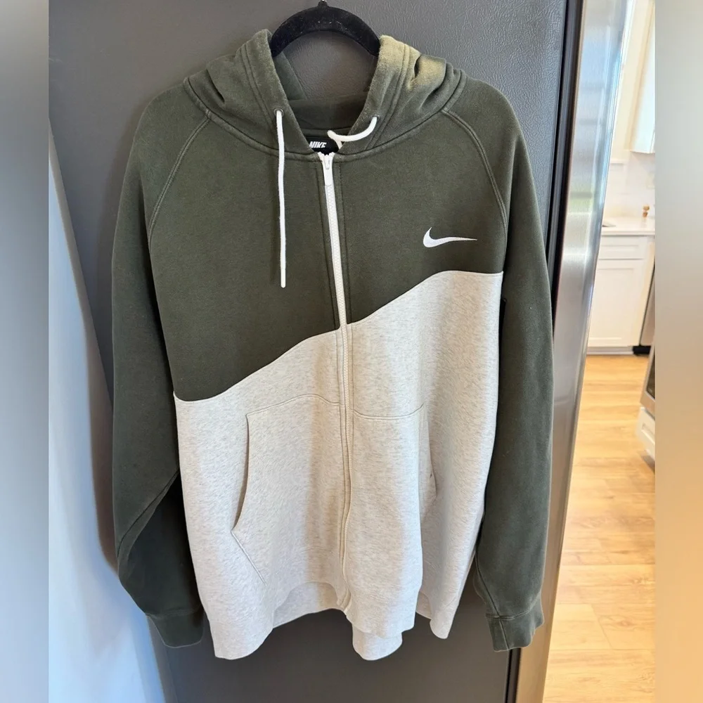 Nike Olive Green and White Full-Zip Hoodie
